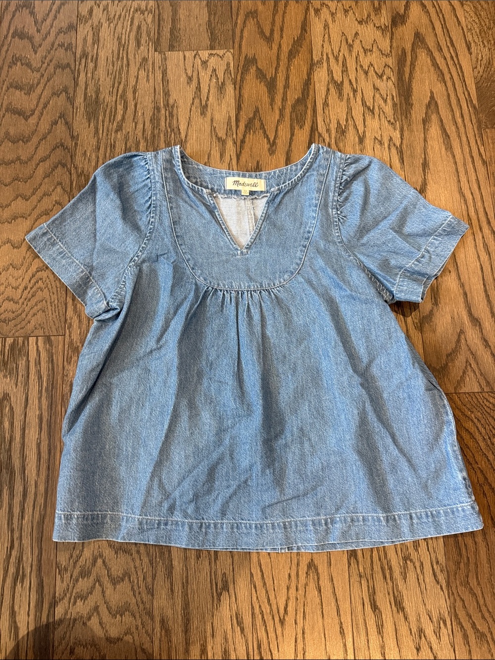 Madewell Light Blue Denim Short Sleeve Top with Gathered Front